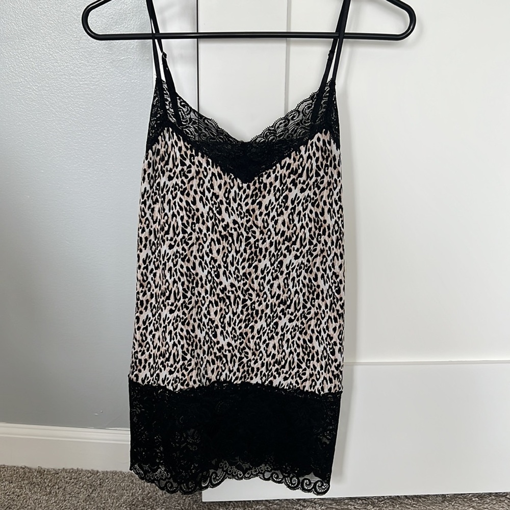 White House Black Market Cheetah Print Black Lace Detail Cami Tank Top Size M